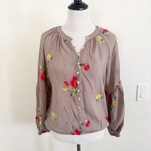 Fig and Flower Anthropologie Taupe Blouse with Vibrant Floral Embroidery
